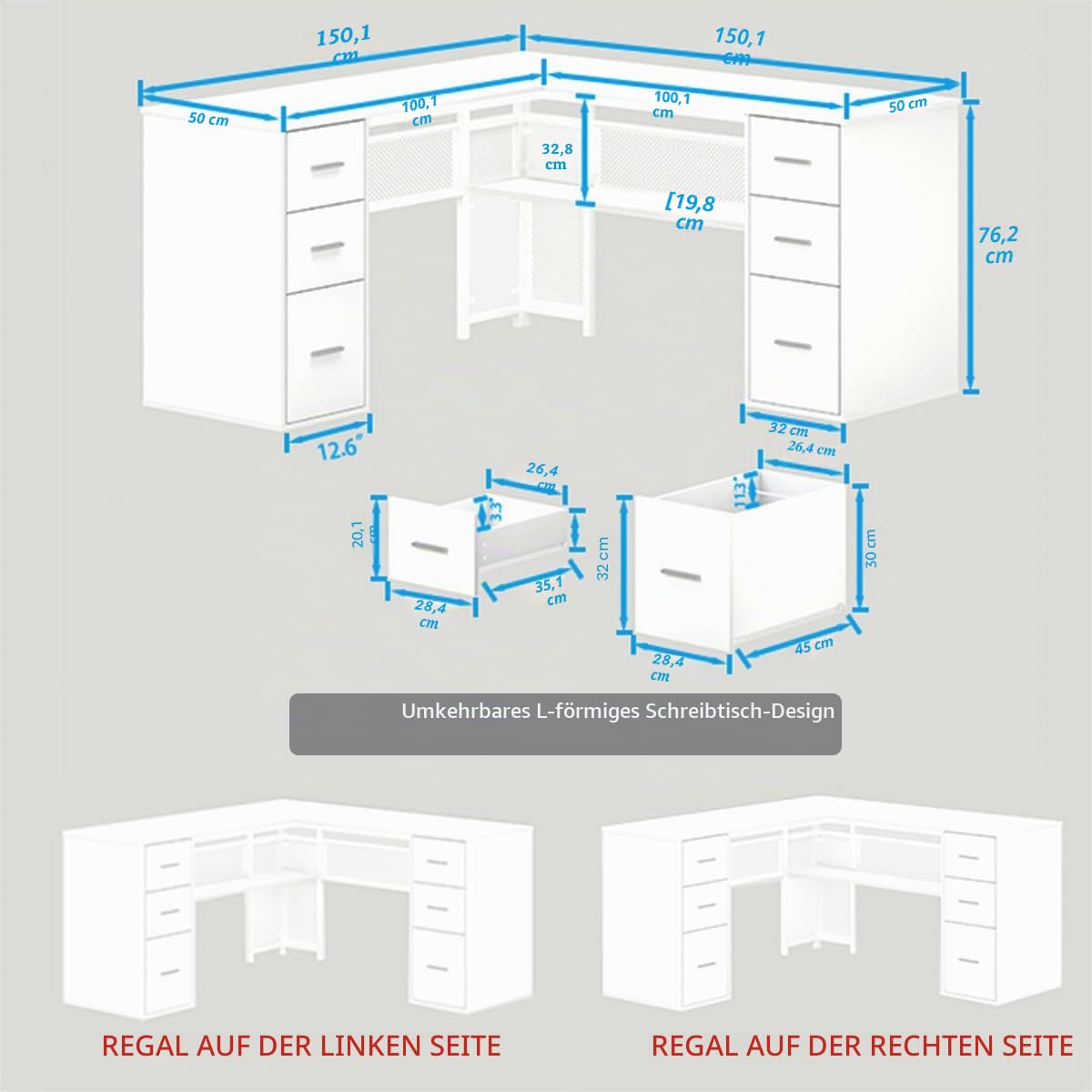 HSH Schreibtisch L mit Schubladen Eckschreibtisch für Homeoffice Computertisch mit Stauraum und Schrank Moderner Schreibtische mit Metall und Holz für Arbeitszimmer Weiß 150 cm