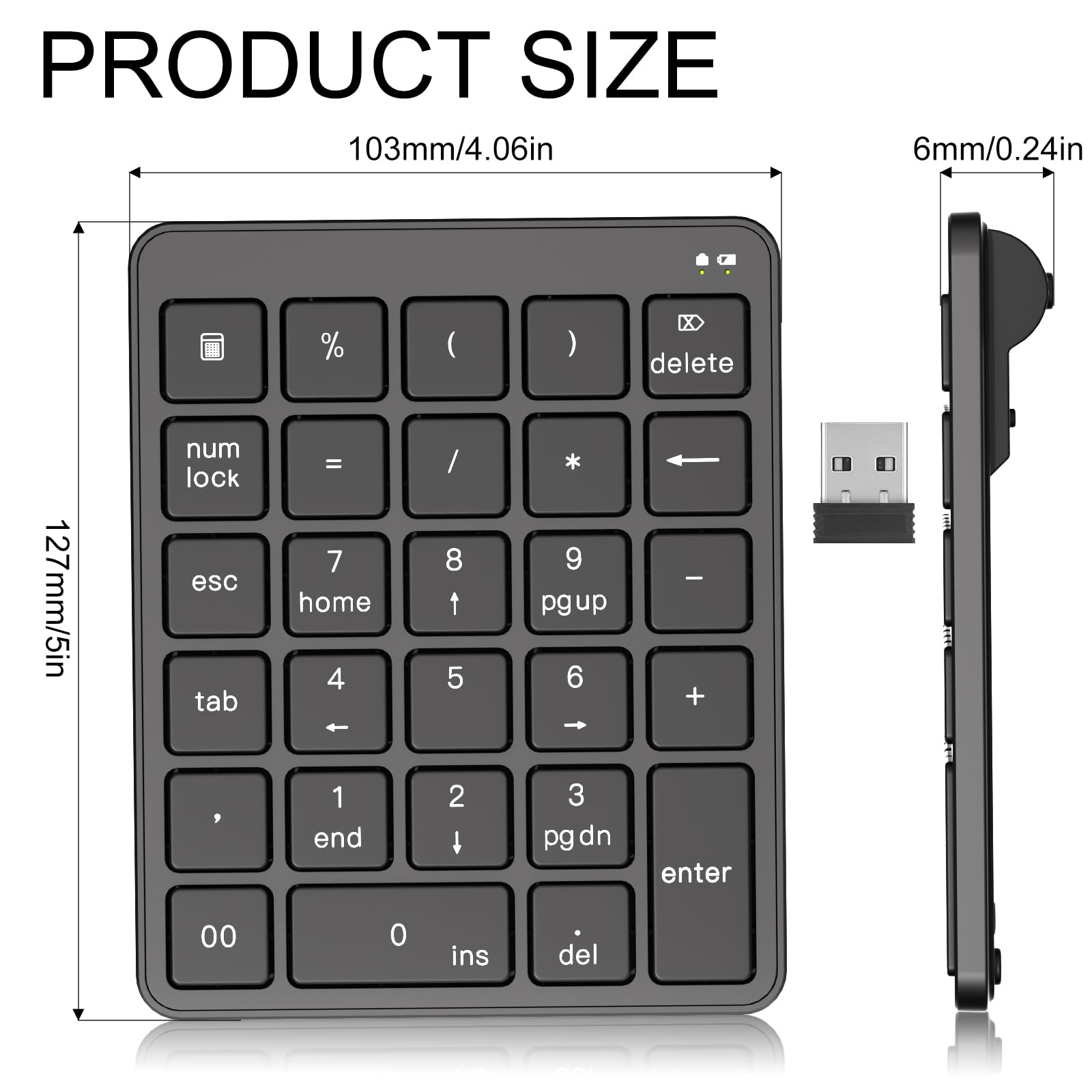 Pavé numérique sans fil avec adaptateur USB vers USB-C, pavé numérique 28 touches portable 2,4 GHz, clavier USB à 10 touches pour ordinateur portable, PC, bureau, Surface Pro, Notebook – Noir
