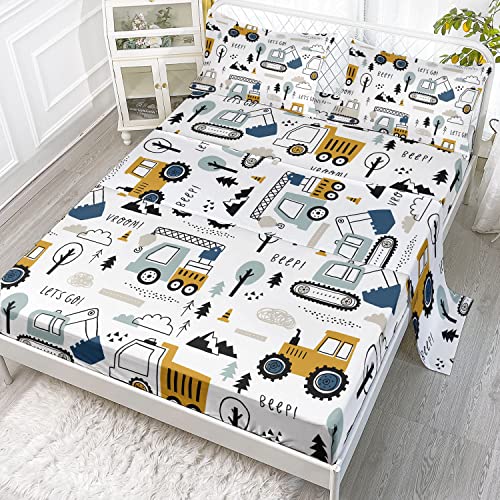 Image of Datura home Woodland Construction Sheets Set 4Pcs for Kids,Cartoon Excavator Truck Lifter Print Sheet Set with 1 Flat Sheet and 1 Fitted Sheet + 2 Pillowcases(Woodland Construction Queen)