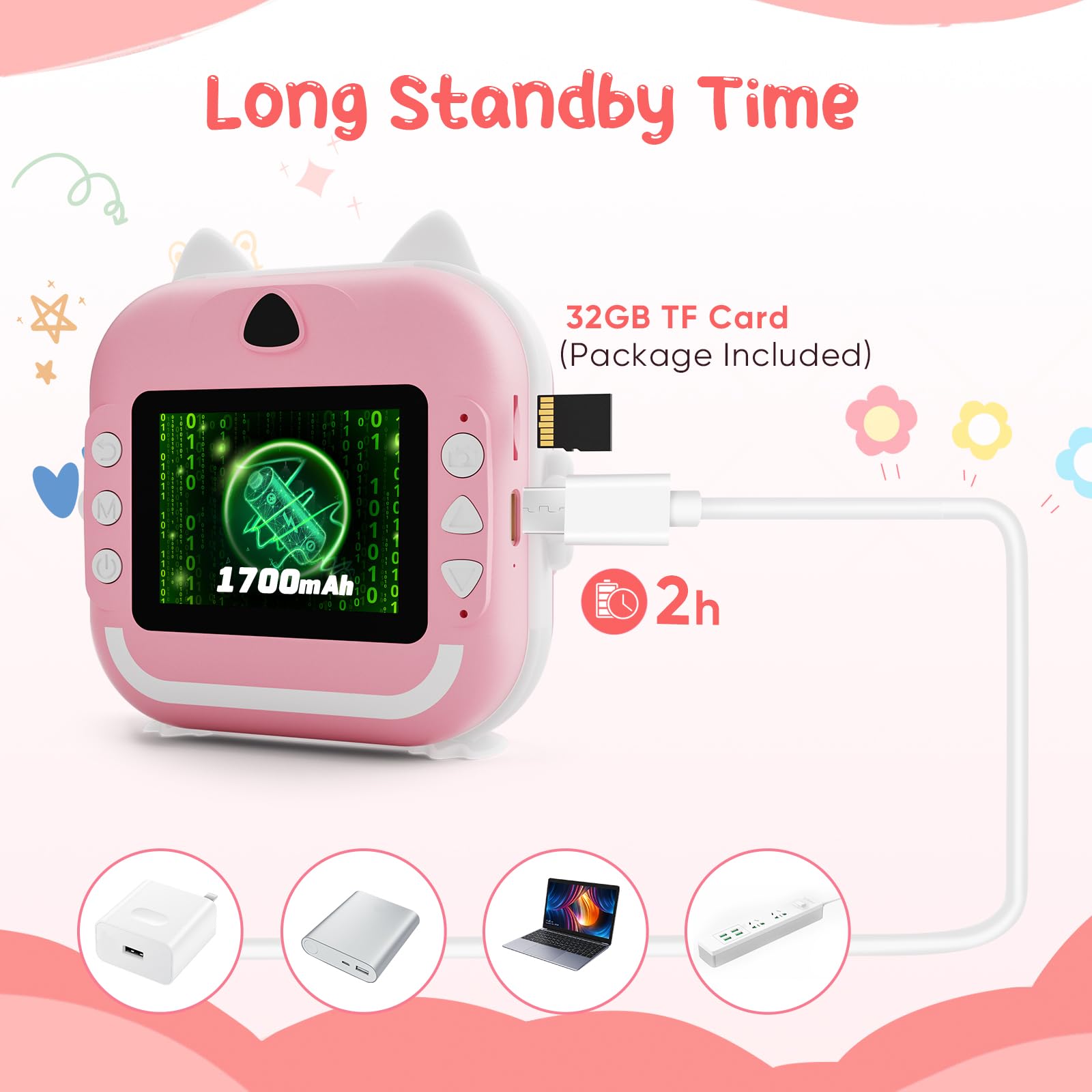 Macchina Fotografica Bambini Istantanea, Potuem 2.4 Pollici Digitale Fotocamera Bambini con 32GB Scheda TF, 6 Penne Colorate, 24MP/1080P Fotocamera Istantanea per Bambini, Regalo di Compleanno
