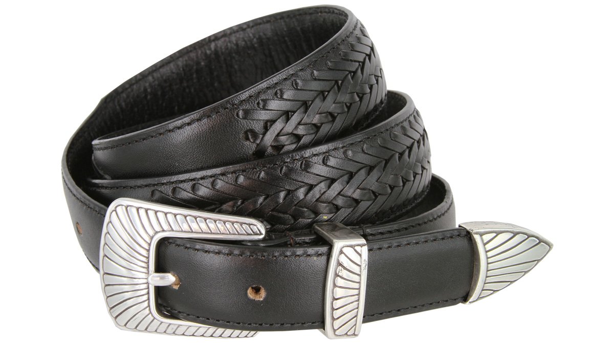 BL032 Clamshell Buckle Tapered Basketweave Genuine Leather Belt - Black, 36