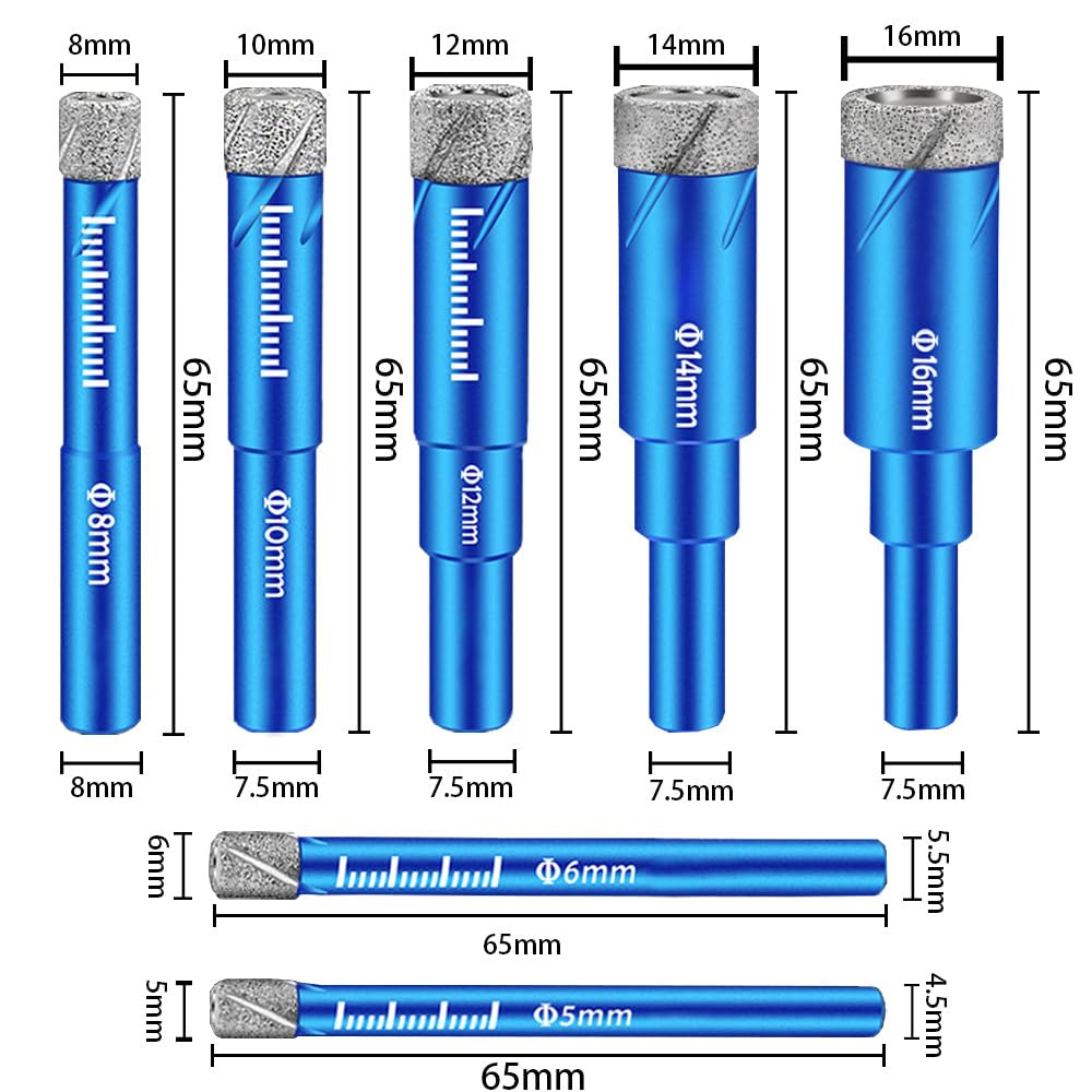 Punte Trapano Diamantate 5 Pezzi 5,6,8,10,12mm Carbide per Gres Porcellanato Granito Marmo