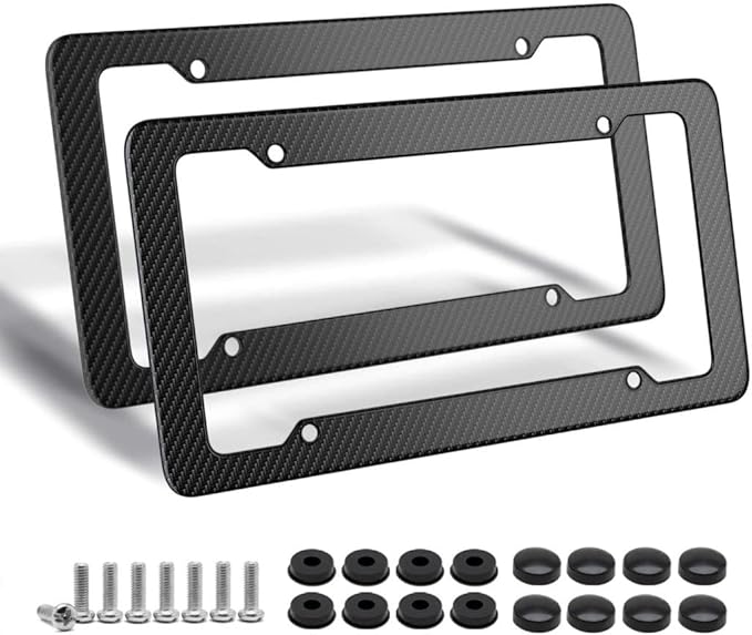 Black Carbon Fiber License Plate Frame, 2 Pack Glossy & Waterproof