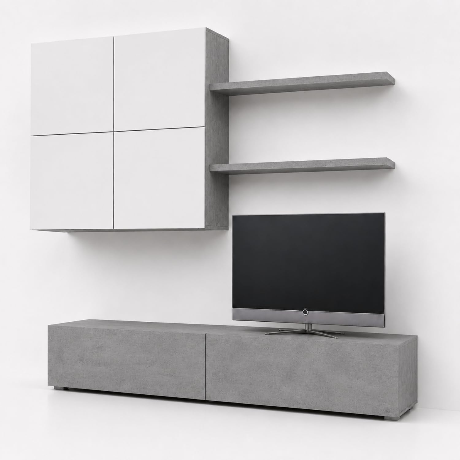 Arreditaly Parete Attrezzata Mobile Soggiorno Moderno Con Base TV 2 Ante Pensile 4 Ante e 2 Mensole Design Contemporaneo in Melaminico Facile da Pulire 200 x 194 x 40 cm Bianco e Grigio Cemento