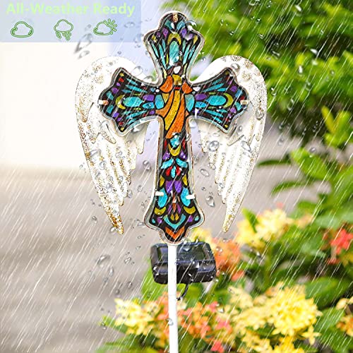 Solar Jesus Cross Lights Grave Decor,Solar Garden Lights Colored Glass,Memorial Gifts For Lawn Yard Halloween Easter Garden Decor #TOP4