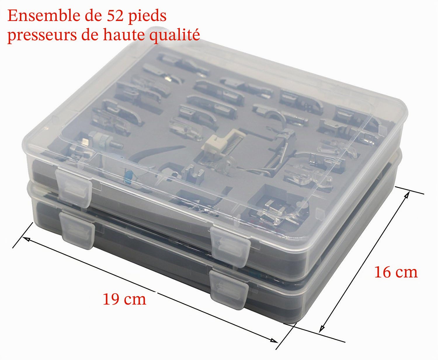 Lot de 52 pieds presseurs professionnels avec boîte de rangement en plastique pour machine à coudre à tige basse Brother, Singer, Janome, Babylock, Toyota, New Home et Kenmore