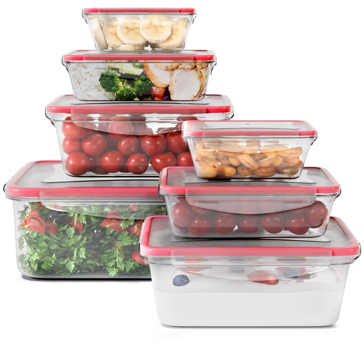 Set of 7 Plastic Food Storage Containers with Lids, 100% Leak-Proof, Meal Prep Boxes with Lid, Storage Containers Suitable for Dishwasher, Microwave and Freezer C-FHD 4008 K