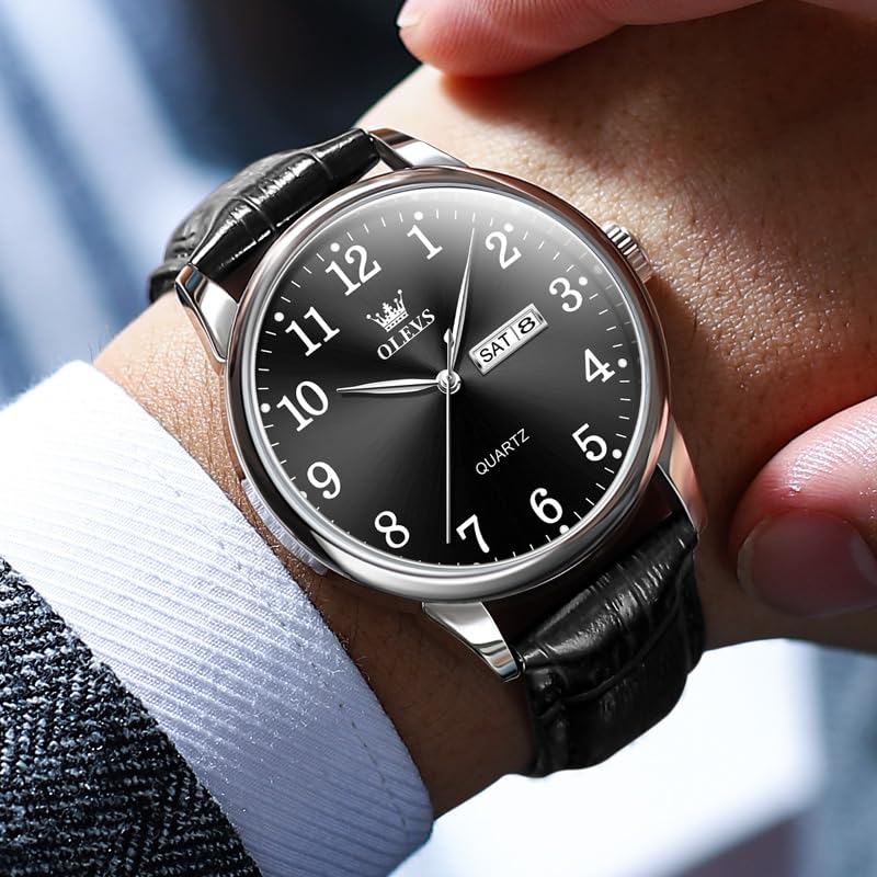 Image of OLEVS Men Watches Dress Waterproof Leather Band Classic Large Face Luxury Watches for Men Casual Fashioned Nice Analog Watch Men Day Date Easy Reader Quartz Original Business Adjustable Watches Men