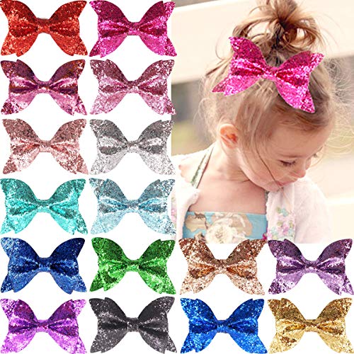 15 Pcs Girls Hair Bows Clips Glitter Sparkly 4" Bows Alligator Hair Clips for Baby Girls Toddlers Kids Teens and Children