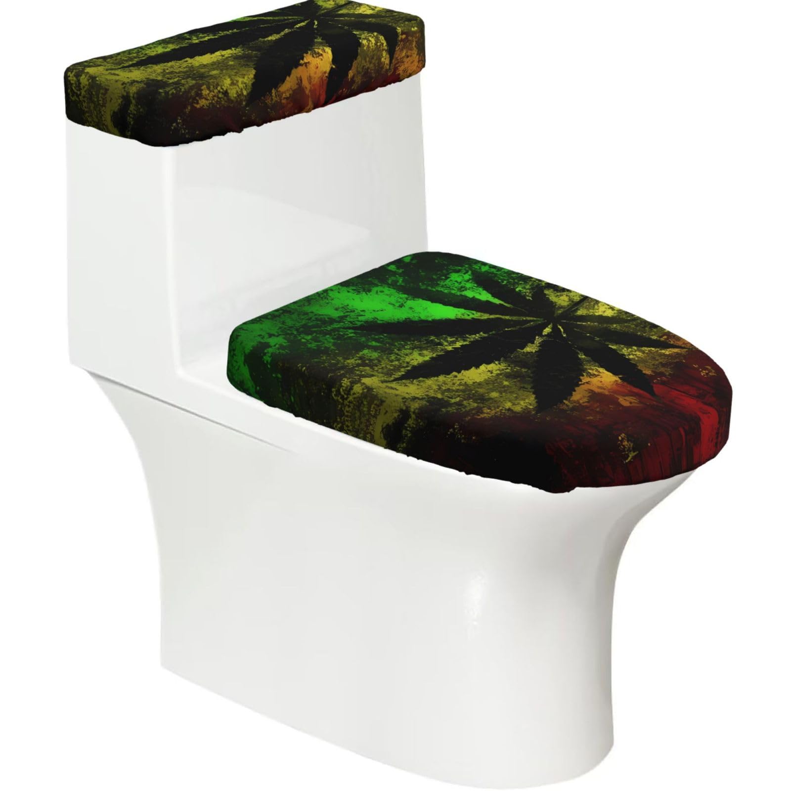 Jamaica Flag Leaves 2-Piece Toilet Seat Cover Set with Tank Lid - Elastic for U-Shape & Elongated - Bathroom Decor