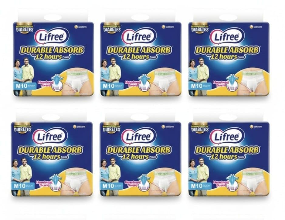 COMPATIBLE WITH Lifree Durable Absorb Pants Adult Diaper, 12 Hours Absorption, Recommended for DIABETES For Unisex Adult Pant Style Diapers MEDIUM (M10 PACK OF 6)