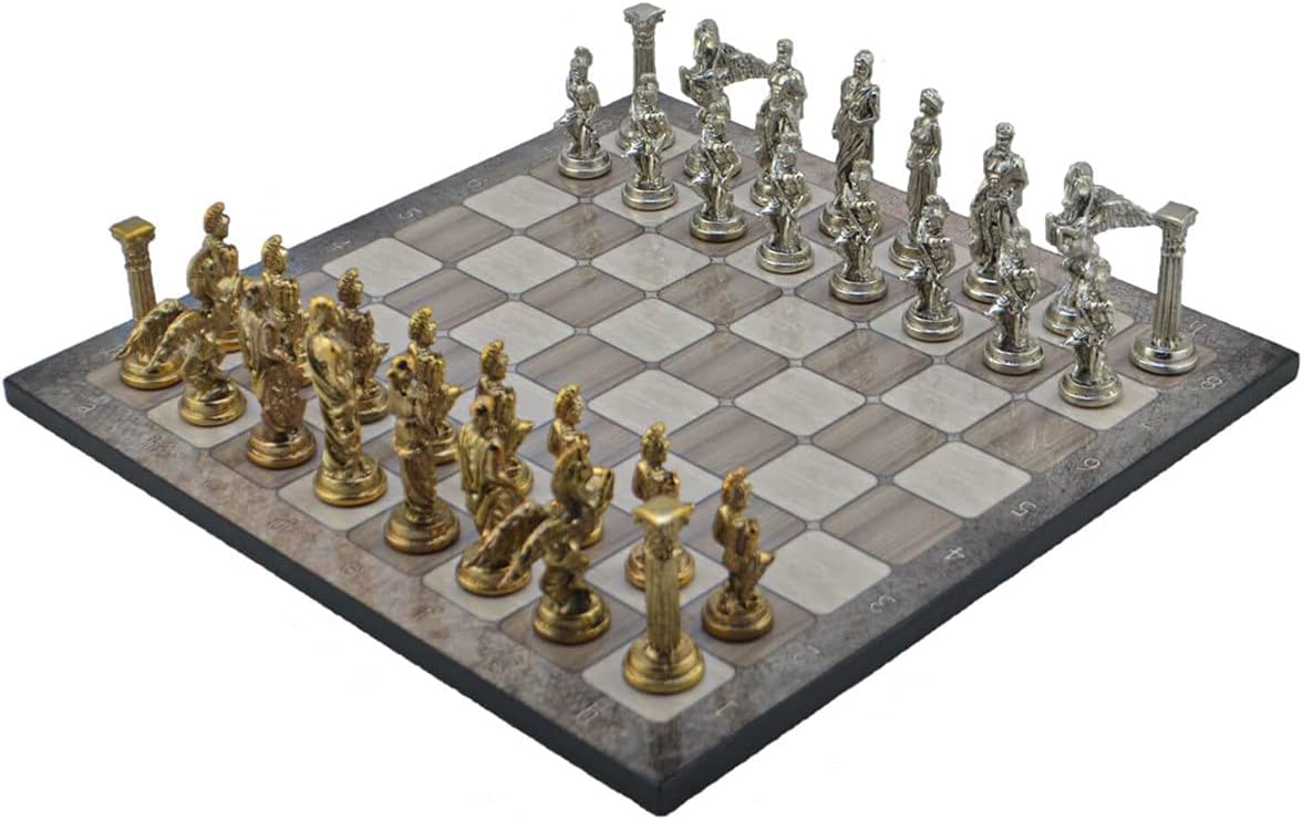 Metal Chess Sets for Adult Medium Mythologic Pegasus Figures,Handmade Pieces and Different Design Wooden Chess Board (Platin Oak)