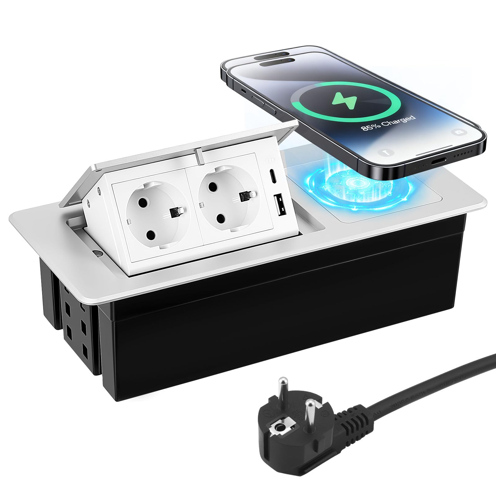 Prise escamotable avec PD20W USB-C et Charge sans Fil 15W, Multiprise encastrable 2 Prises pour Bureau, Cuisine, Table de réunion – Boîtier en Aluminium avec Ouverture Douce – Câble 1,8m