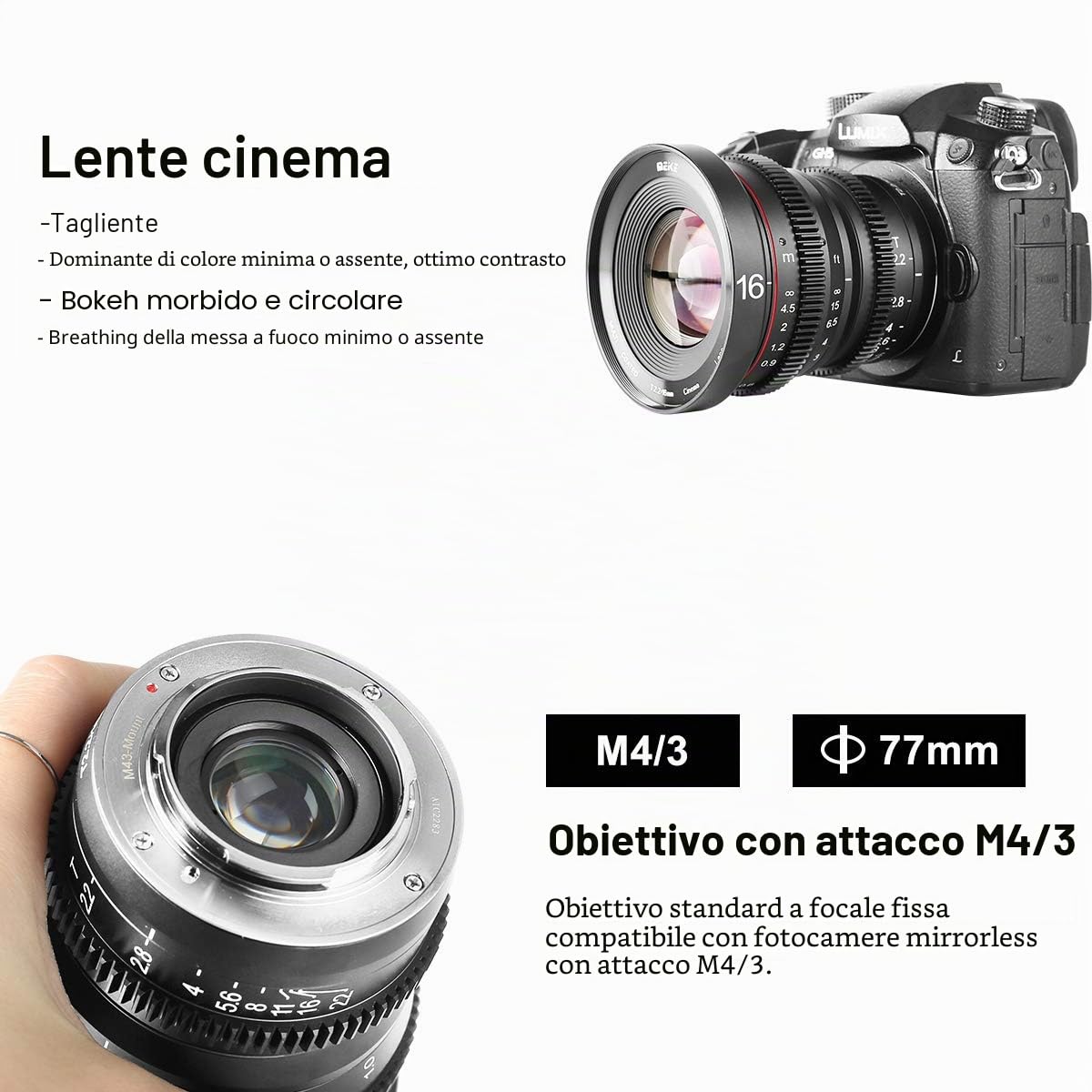 MEKE Obiettivo mini Cine 4K T2.2 da 16 mm con grande apertura, messa a fuoco manuale, bassa distorsione, per Micro Quattro Terzi M4/3 MFT, compatibile con fotocamere Olympus/Panasonic Lumix e BMPCC 4K