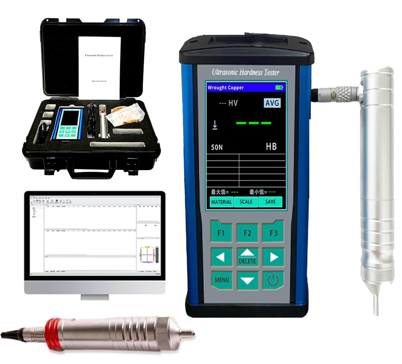 VTSYIQI Ultrasonic Hardness Tester Digital Ultrasonic Durometer with ASTM-A1038 Standard Force 98N 10kgf Probe Maximum Roughness Test Surface Ra<15um Accuracy ±2 HRC Multi-Point Calibration Function