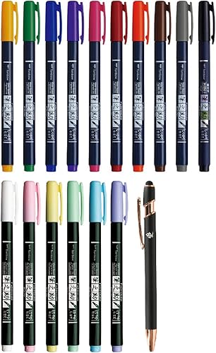 Tombow Fudenosuke - Bolígrafo de punta dura a base de agua, 10 colores estándar, punta suave, 6 colores pastel, total de 16 colores con lápiz