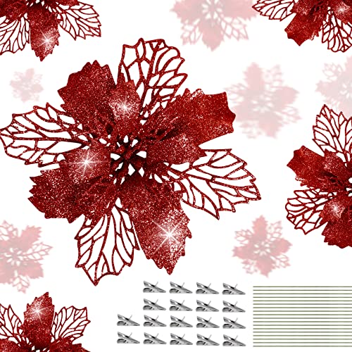 18 Stück Weihnachtsbaum Deko Künstliche Glitzer Weihnachtsblumen mit Clip und Stiel Weihnachtsbaum Blumen Dekoration für Anhänger und Kranz (Rot, 15cm, 11cm, 9cm) Cover