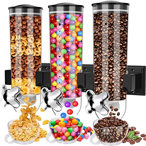 Cereal Dispenser, Triple Canister Food Dispenser Wall Mounted Dry Food Dispenser, Grain Dispenser Kitchen Container with 3 Cup, Candy Dispenser for Storing Oatmeal Coffee Beans Nut Snacks, Black 158oz