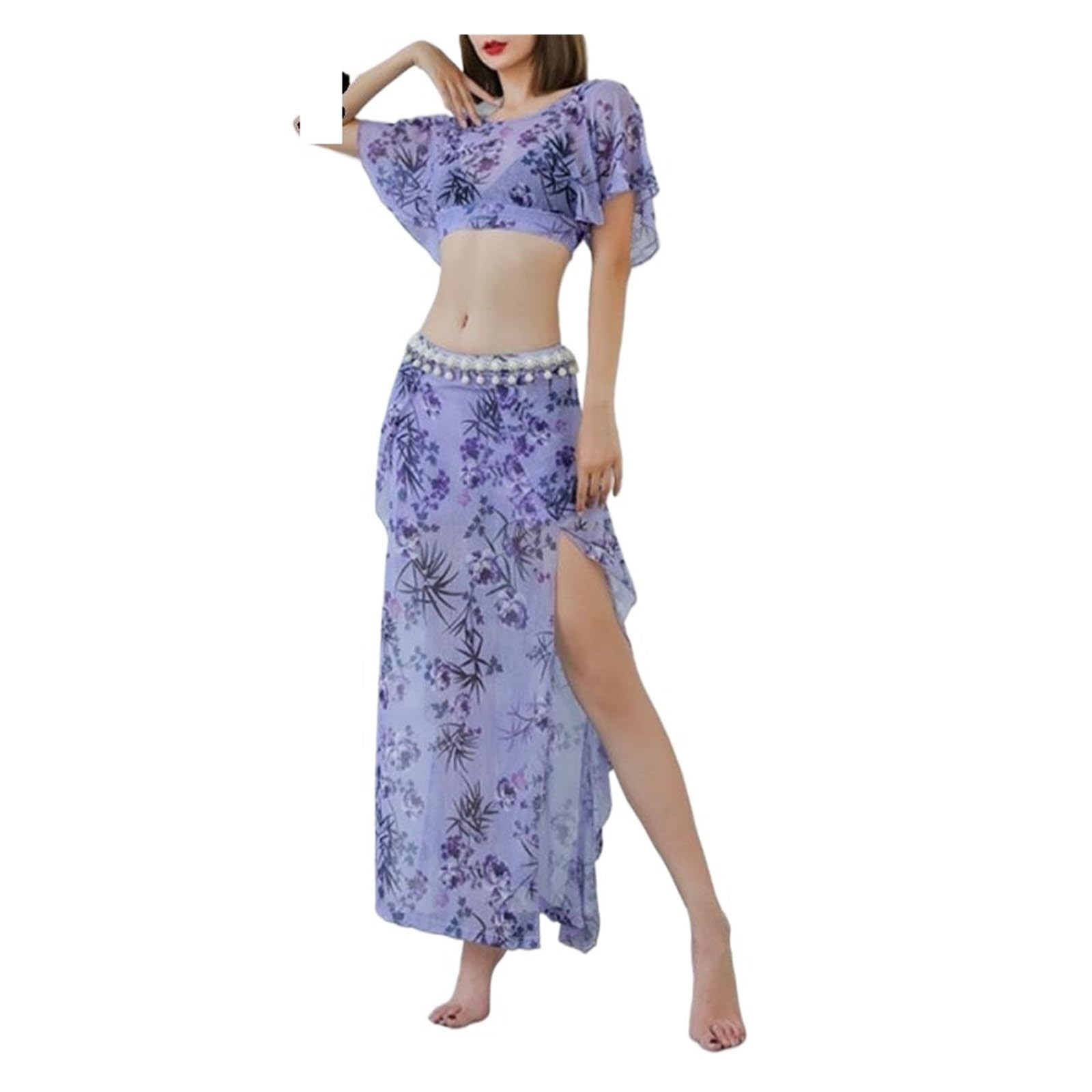Bauchtanz-Trainingsanzug for Frauen, Druck-Outfit, Sommer-Damen, sexy Mesh-Tanzkostüm-Set