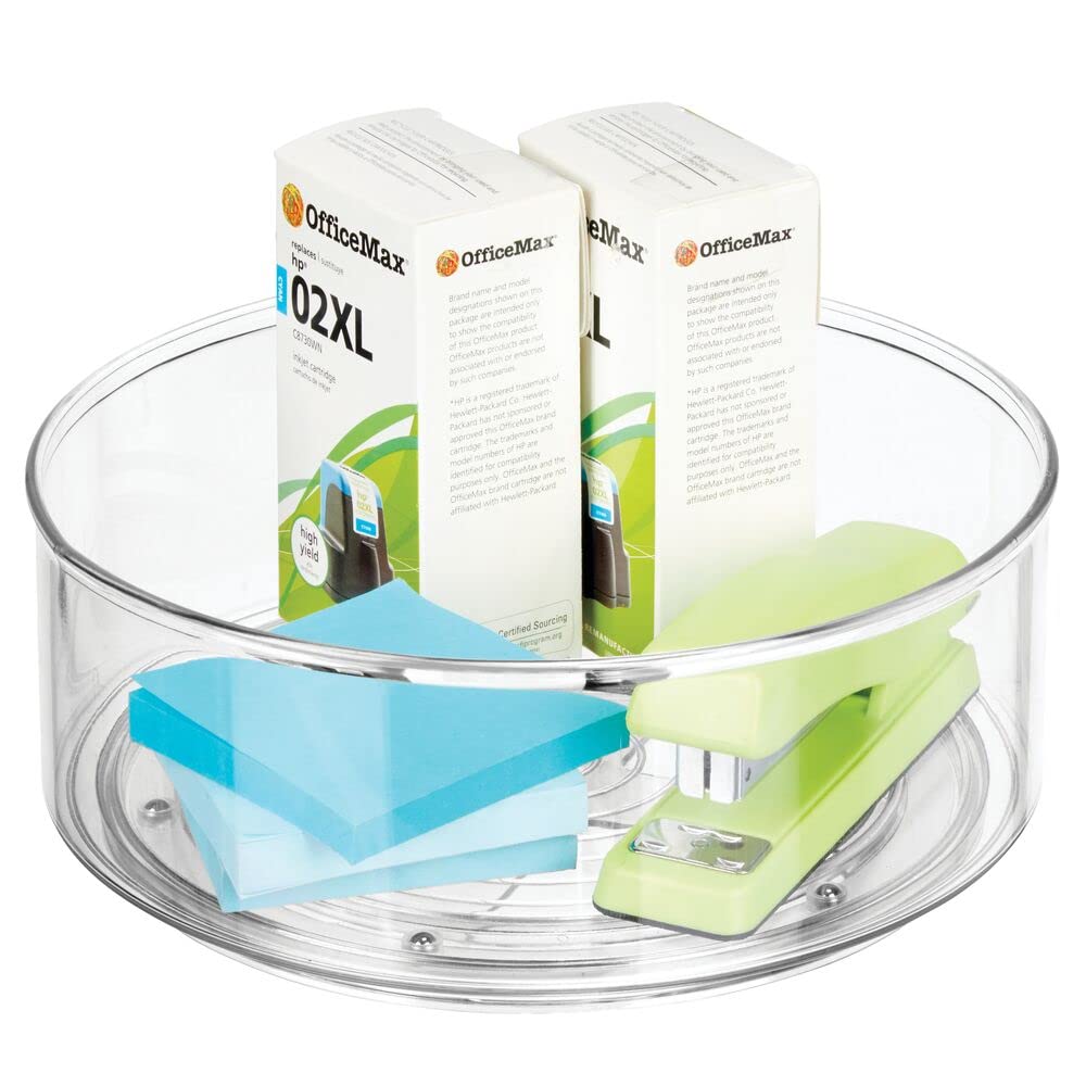mDesign Lazy Susan Portaoggetti da scrivania girevole – Contenitori in plastica dai bordi alti – Pratici box portatutto girevoli ideali per ufficio e casa – Set da 4 – Trasparente
