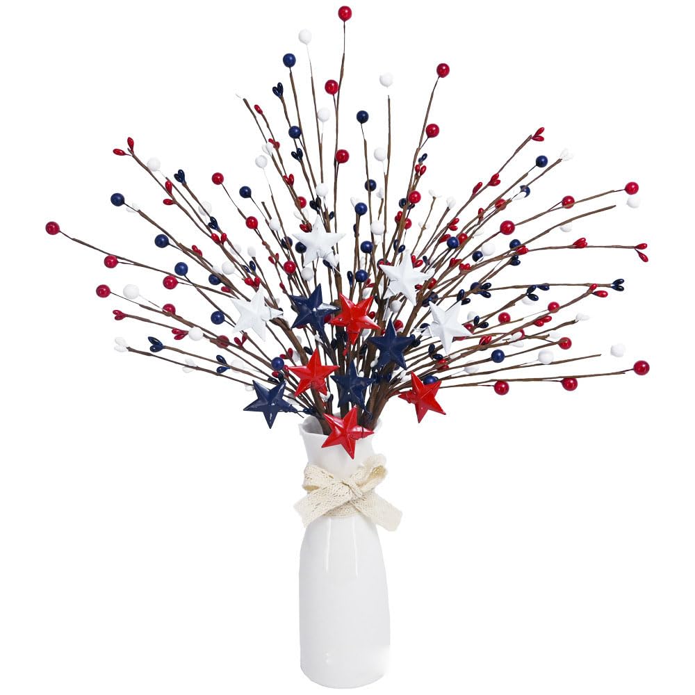 Independence Day Table Centerpiece Decor 16 Inch Patriotic Artificial Tree Topper Picks Carnival Glitter Berry Stems for 4th of July Tree Party Ornaments Decoration (3)