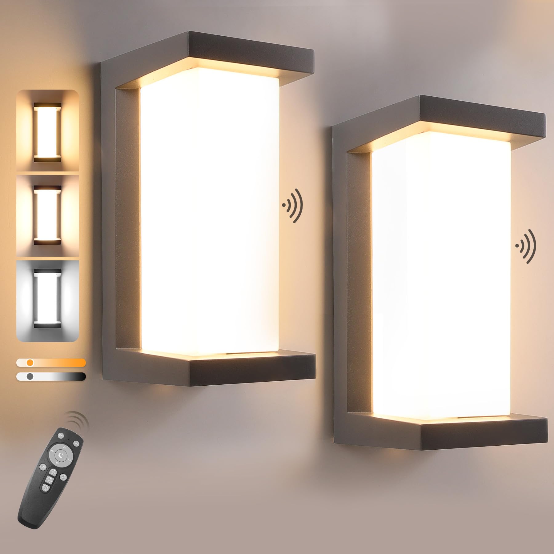 2 x lampa zewnętrzna 18 W z czujnikiem ruchu, IP65, lampa ścienna do wnętrz i na zewnątrz, z pilotem zdalnego sterowania, 3000 K-6000 K, możliwość ściemniania, 2000 lumenów, aluminiowa, do