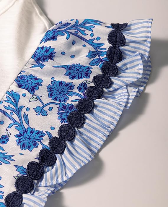 Ruffle Sleeve Tops for Women Bohemian Floral Trim Crewneck Tshirts Casual Loose Patchwork Cap Sleeve Peasant Tops4