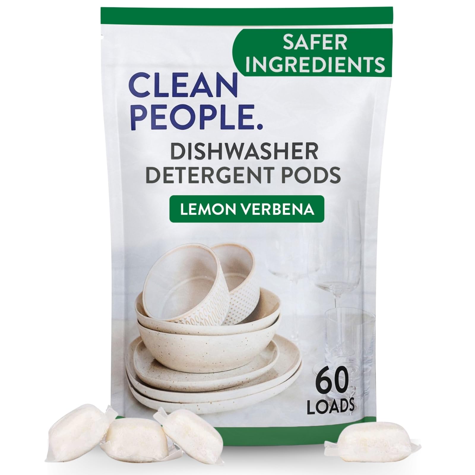 The Clean People Dishwasher Pods - Cuts Grease & Rinses Sparkling Clean - Residue-Free - Phosphate Free Dishwashing Pods (60 Count, Lemon Verbena)