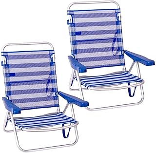 LOLAhome Pack 2 Sillas Playa Plegables | Ligera Portátil | Baja y Reclinable de 4 Posiciones | para Camping, Piscina, Terraza o Jardín Azul y Blanco