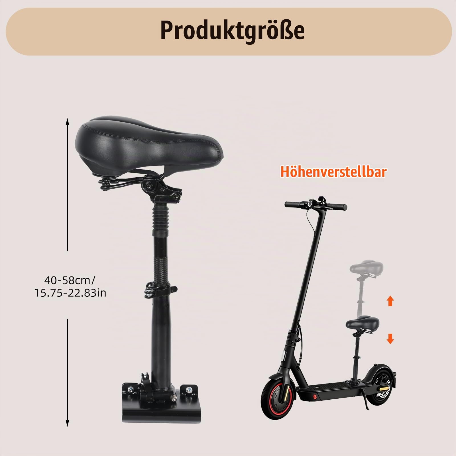 Elektrscooter Sitz für 13cm-19cm Geschwungenen Rändern Fußbretter, Universal Scootersitz Mit 40-58cm Höhenverstellung, Faltbarer Rollersitz, Elektroroller Sitzsattel Sitz Ersatzzubehör
