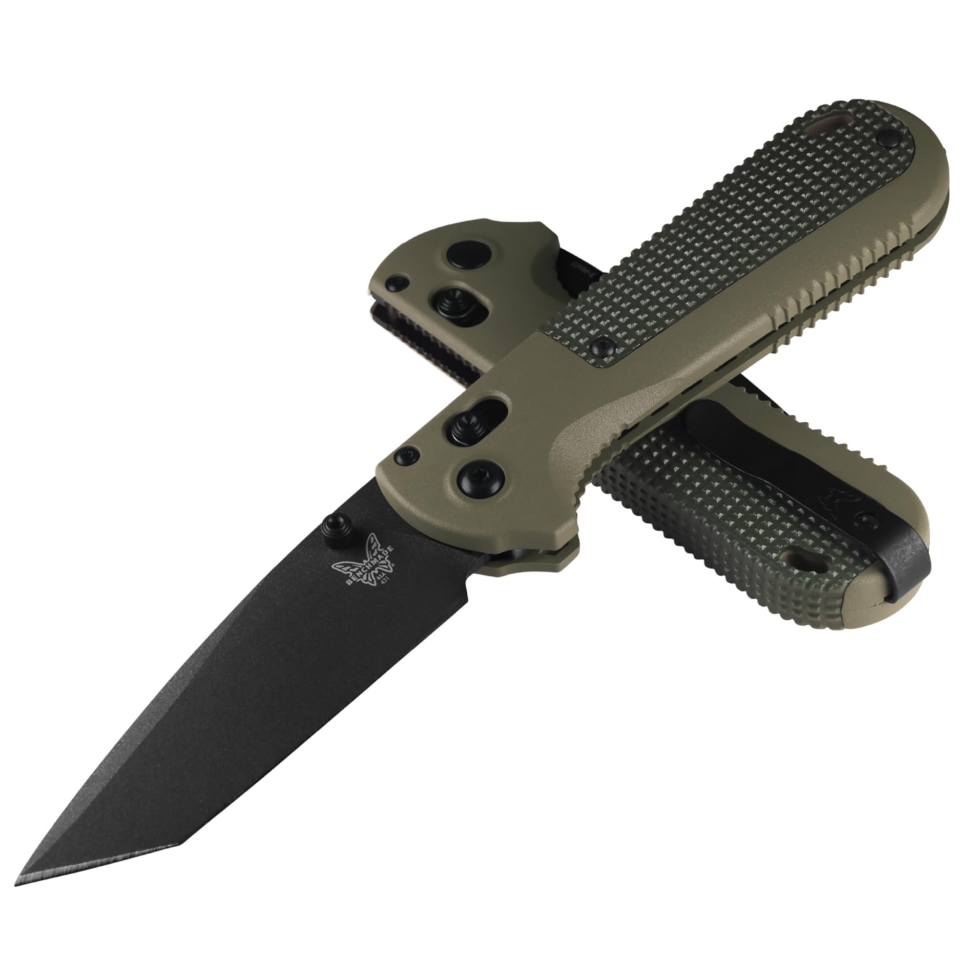 BenchmadeRedoubt Plain Edge Folding Knife with Ranger Green/Forest Grivory Handle (431BK-1)