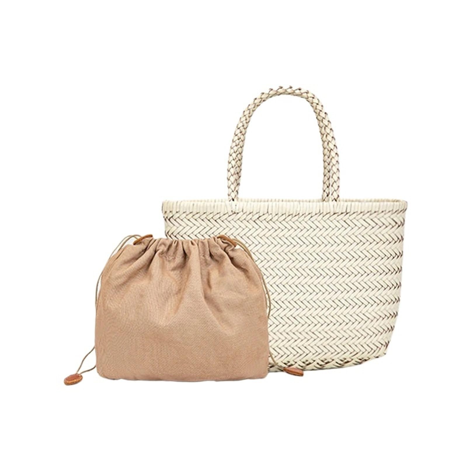 Ewuhyfp Women's Beige Woven Leather Bags Hand-Woven Leather Woven Casual Vegetable Basket Bag With Inside Vintage Shopping Tote Shopping(Beige)