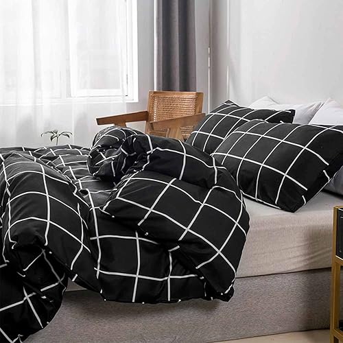 Miniatura 1 de ETDIFFE Edredón de cuadrícula negra, tamaño King, juego de ropa de cama neutro a cuadros, moderno, suave y ligero, para todas las estaciones,