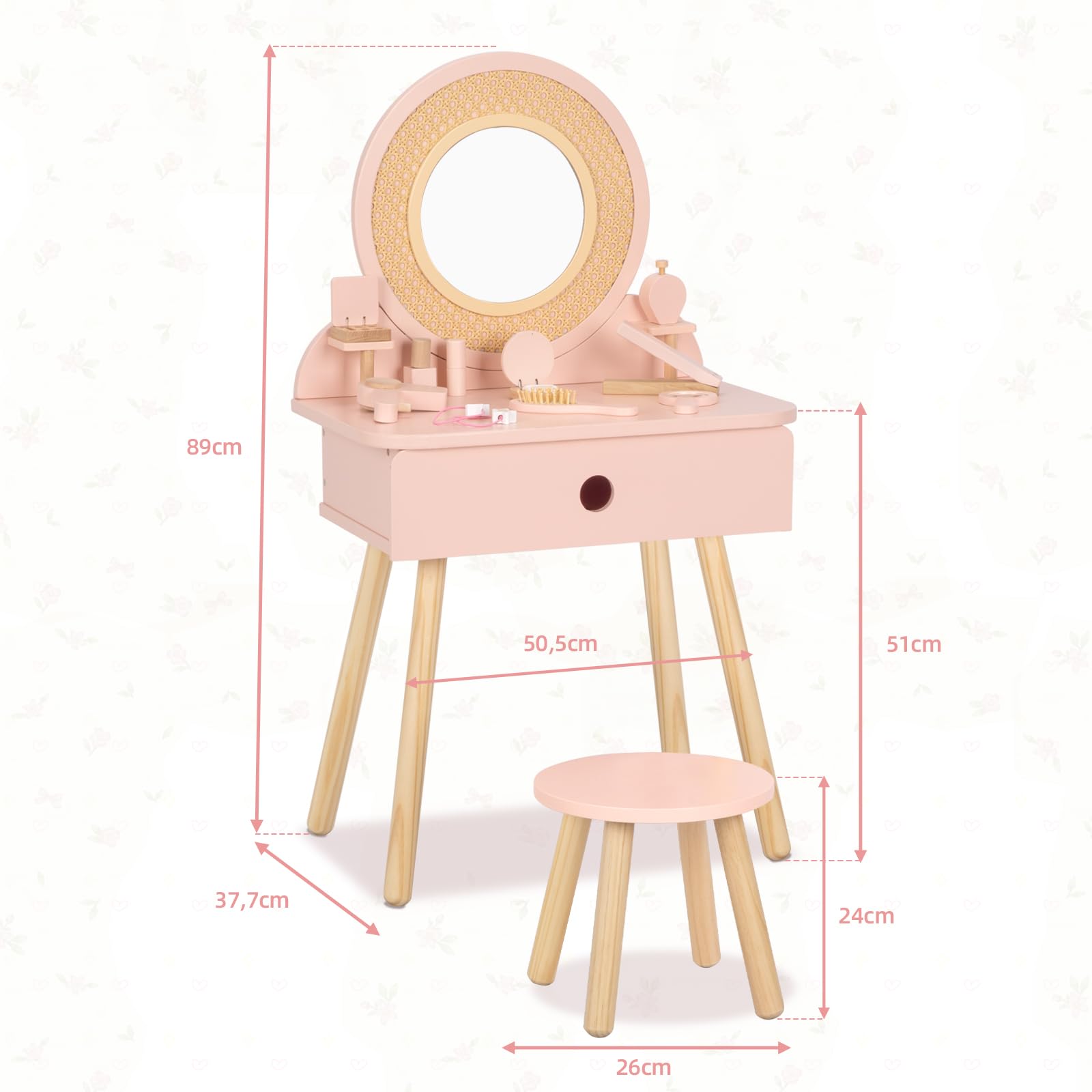 OOOK Schminktisch Kinder, Kinderschminktisch mit Hocker und Spiegel, Mädchen Frisiertisch aus Holz, Kinder Schminktisch für Mädchen ab 3 Jahre, Rosa