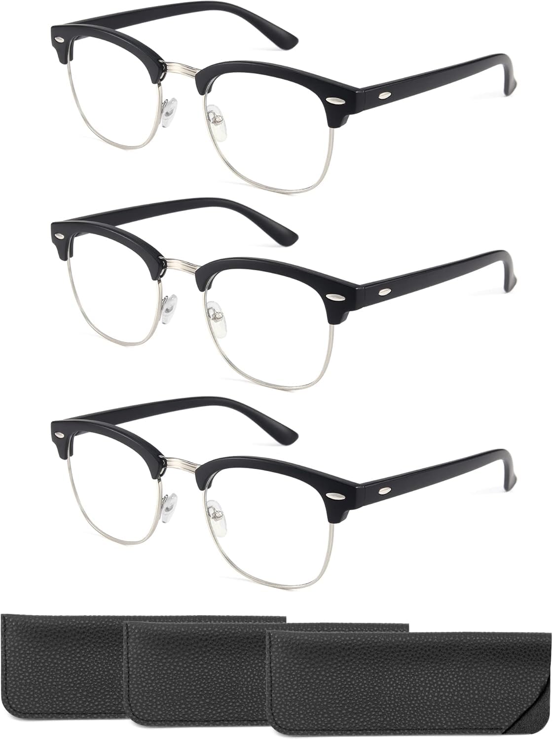 CCVOO 3 Pack Reading Glasses Blue Light Blocking, Retro Semi Rimless Readers for Men Women, Round Eyewear Filter UV400