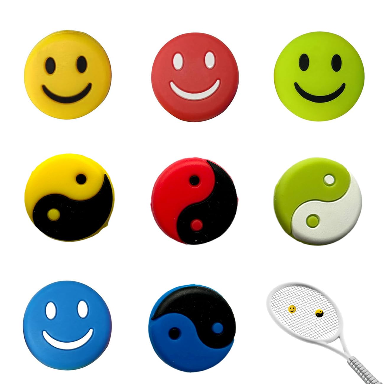 Gaodercha 8Pcs Tennis Racket Vibration Dampeners Silicone Shock Absorbers Tennis Colorful Racket Shock Absorber with Smile and Tai Chi Styles for Tennis Player