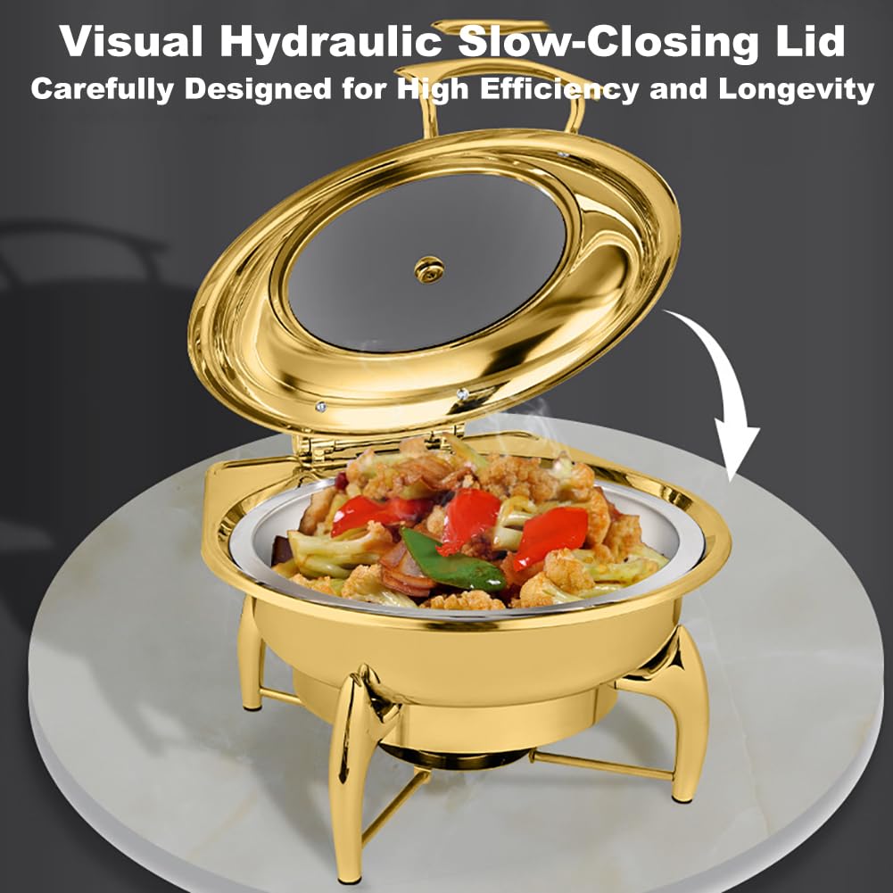 Estufa de Buffet Redonda de Acero Inoxidable, Bandeja de Calentamiento de Alimentos Visible abatible para Restaurante de Hotel de 6 litros, Adecuada para Banquetes, Bodas y Fiestas,Oro