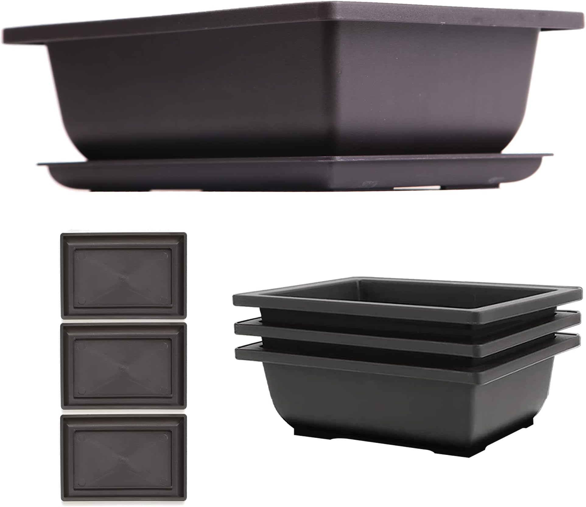 C CRYSTAL LEMON Bonsai Pots with Trays – 3-Pack Durable Plastic Pots with Drainage Holes, 9" D x 6.7" W x 3" H for Indoor Plants