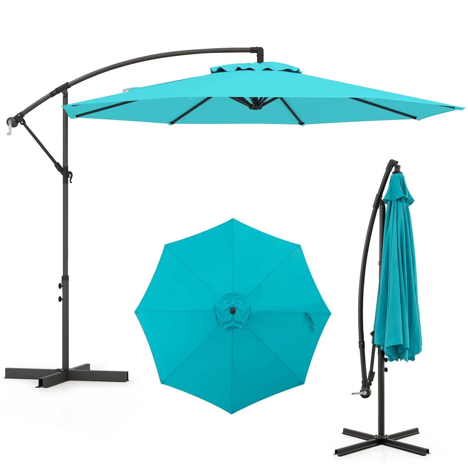 Tangkula 10 FT Patio Umbrella, Offset Cantilever Outdoor Umbrella with Cross Base, Crank, 8 Ribs, for Garden, Poolside and Backyard (Turquoise)