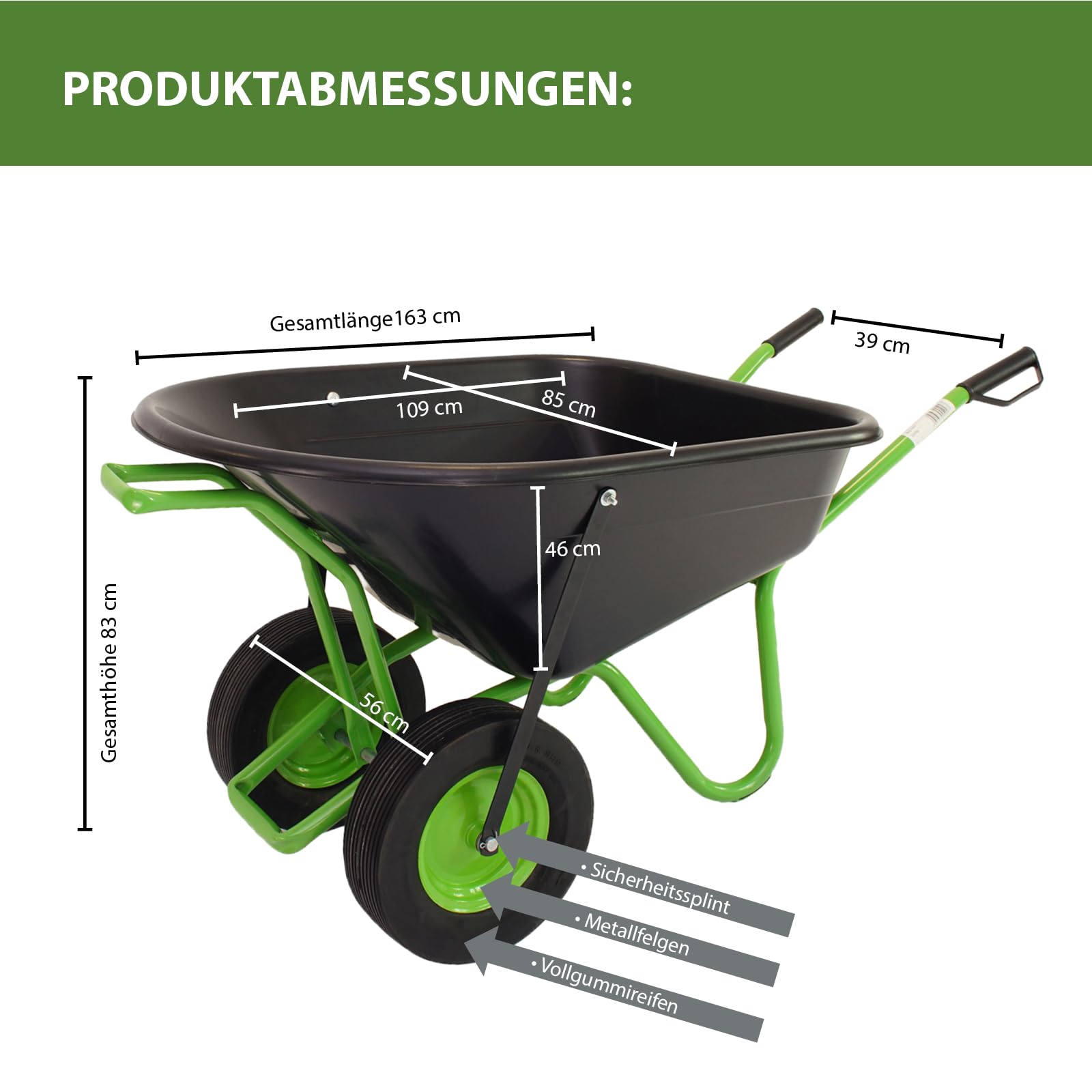TRUTZHOLM 2-Rad Schubkarre 160 L 220 kg Gartenschubkarre Schiebkarre Hofkarre Vollgummireifen Metallfelge grün