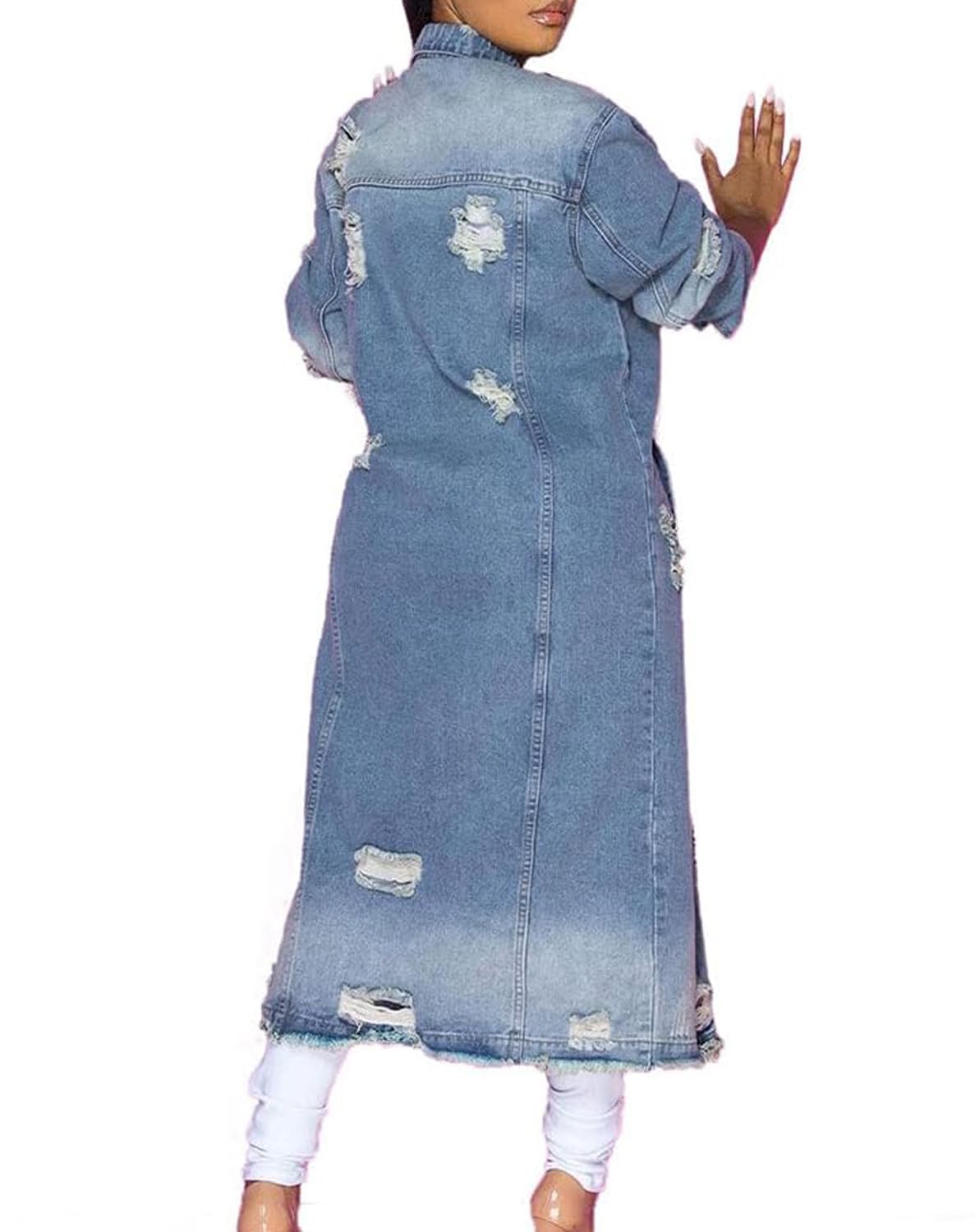 Femme Veste en Jean Longue Élégante Manteau en Jean Denim Simple Boutonnage Déchiré Vintage Veste de Transition Veste décontractée avec Boutons