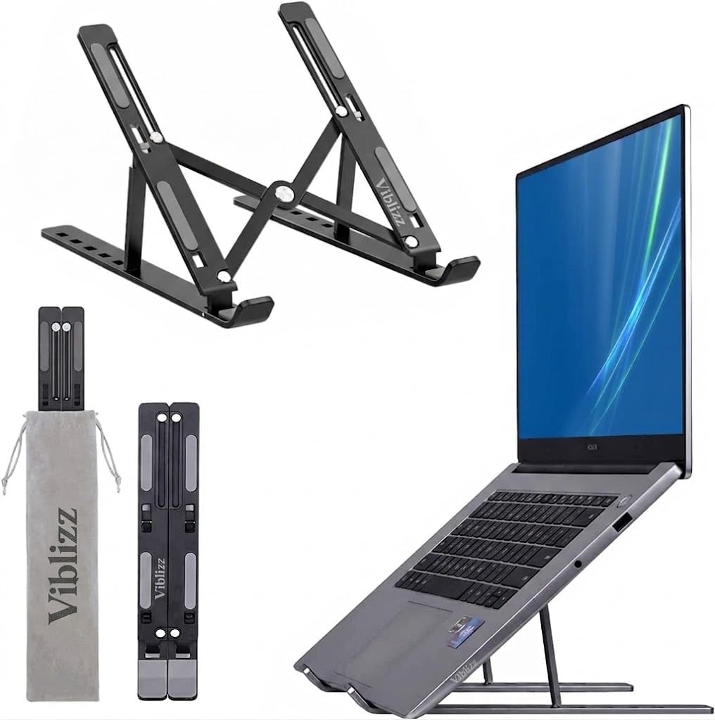 Viblizz Aluminum Foldable Laptop Stand | 6-Angle Adjustable Ergonomic Portable Riser | Ventilated Desktop Cooling Holder for MacBook Pro/Air, HP, Dell, Lenovo (10 to 15.6 Inches) - Multicolor