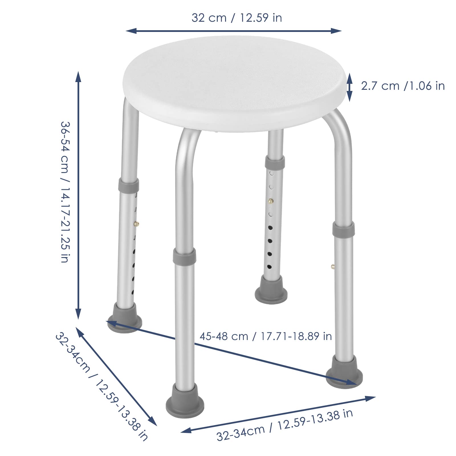 Taboret prysznicowy, taboret łazienkowy, krzesło prysznicowe z antypoślizgowymi gumowymi nóżkami, stabilny, lekki, 8-stopniowa regulacja wysokości (36-54 cm), dla starszych seniorów, niepełnosprawnych
