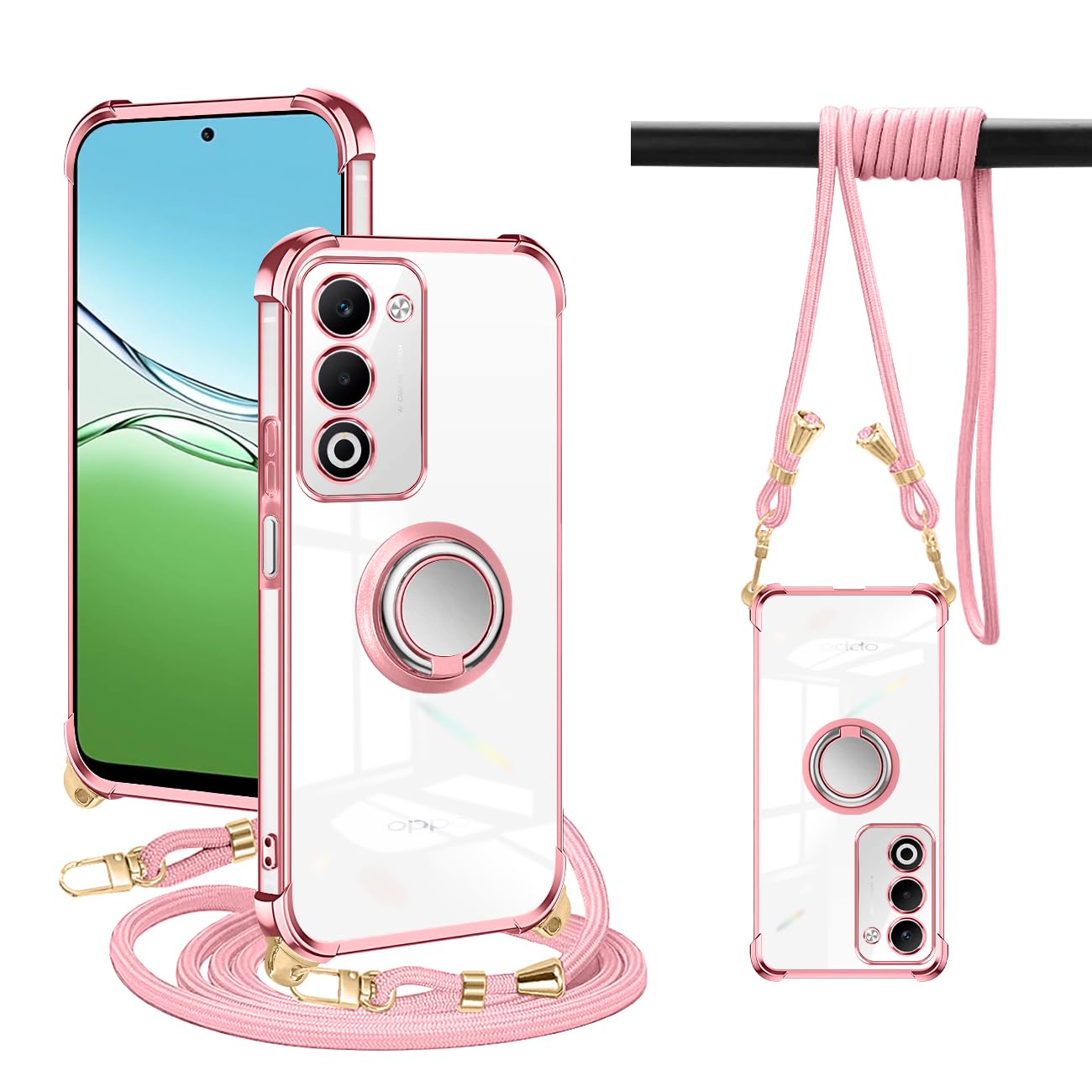 OPPO A5 5G ケース クリア ネック リング付き ショルダー OPG06 / CPH2751 ケース 耐衝撃 対応 スマホケース A502OP 肩掛け 斜めかけ 縄掛け 透明 TPU ストラップ付き 薄型 軽量 紐付き ネックストラップ ショルダー 肩掛け 縦/横 2WAY 長さ調整可能 取り外し可能 落下防止（ローズゴールド)