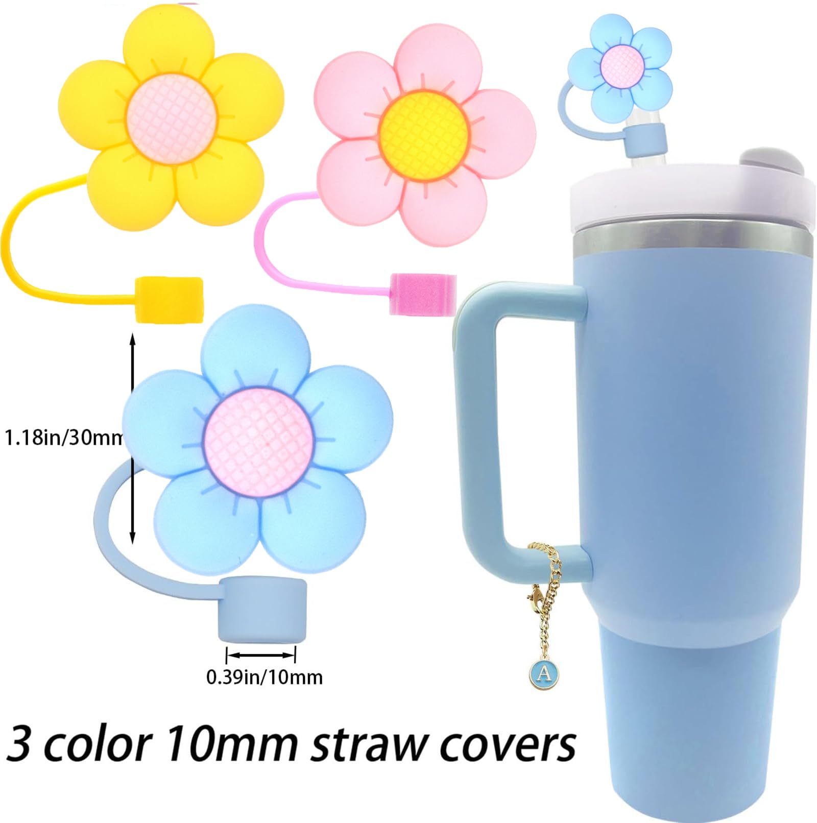 UCCASA 3Pcs Flower Straw Cover Cap Stanley Cup Accessories Silicone Reusable 10mm Straw Protector Tip 2PCS Initial Letter Charm Personalized Stanley 30&40 OZ Tumbler (3PCS Flower +2PCS Letter A)