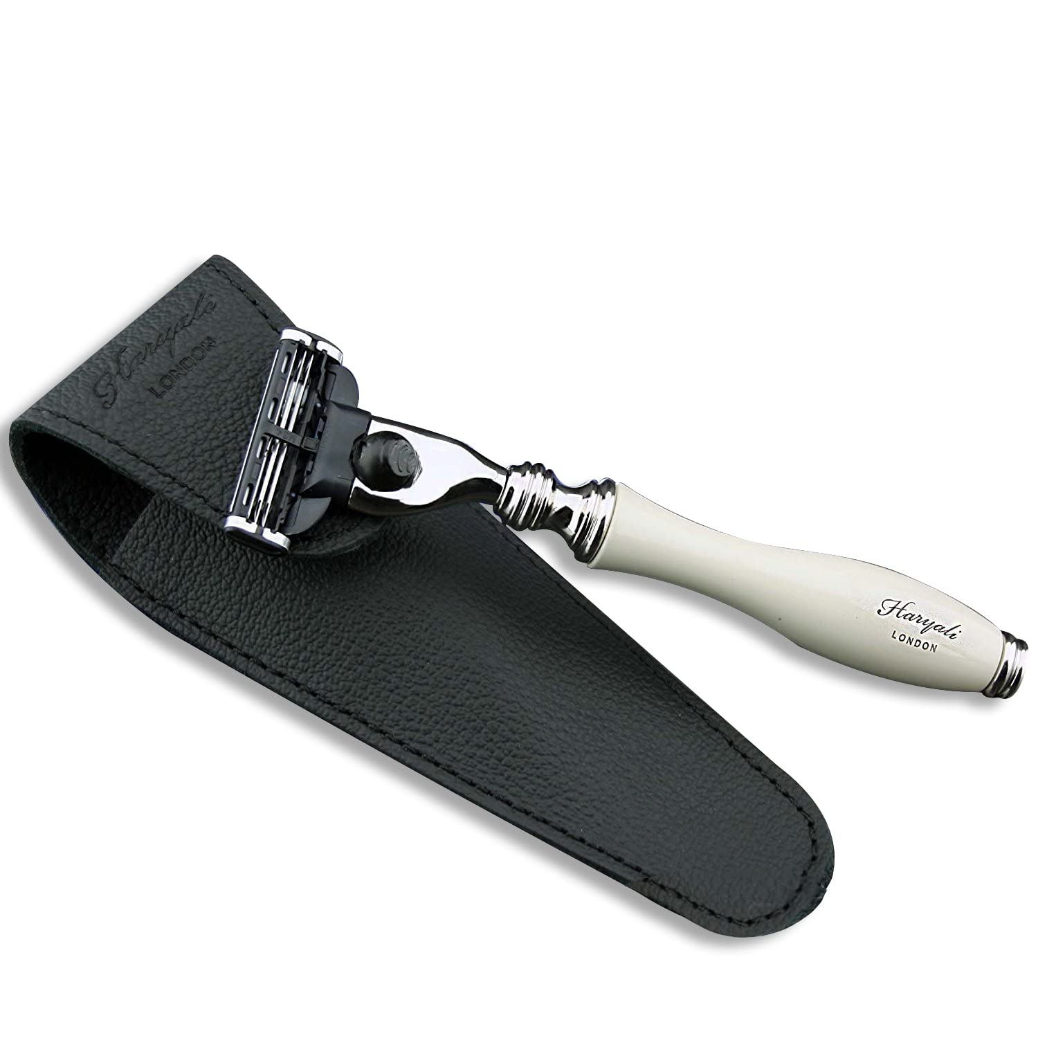 Maquinilla de afeitar de tres cuchillas para hombre en marfil con funda de piel auténtica | Afeitado y cuidado de hombre > Esenciales de viaje para hombre – Set de regalo