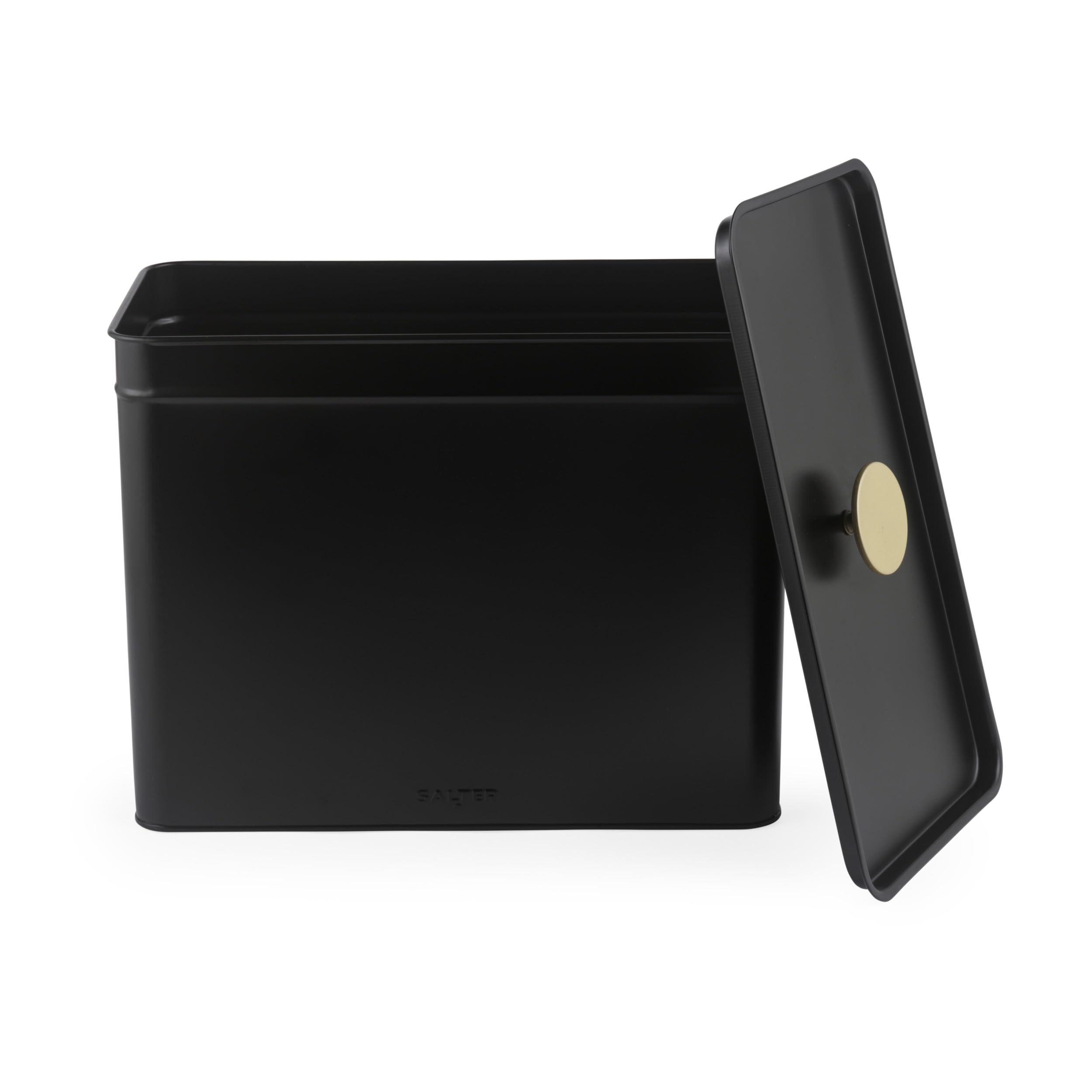 Salter Alchemy Bread Bin with Lid – Carbon Steel Powder Coated Large Bread Box, 33 x 18 x 25.5cm, Long Lasting Freshness, Space Saving Kitchen Storage for Loaves, Bagels, Pastries, Black/Gold Handles