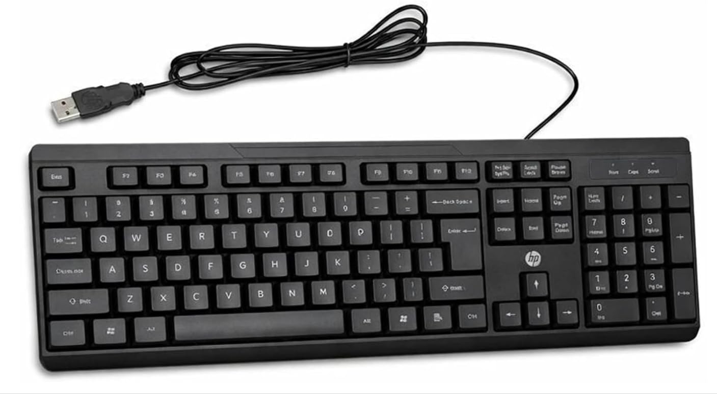 hp k125 wired usb keyboard, standard full-size, multi-device compatible, plug and play, led indicators, for desktop, laptop and pc, 3 years warranty