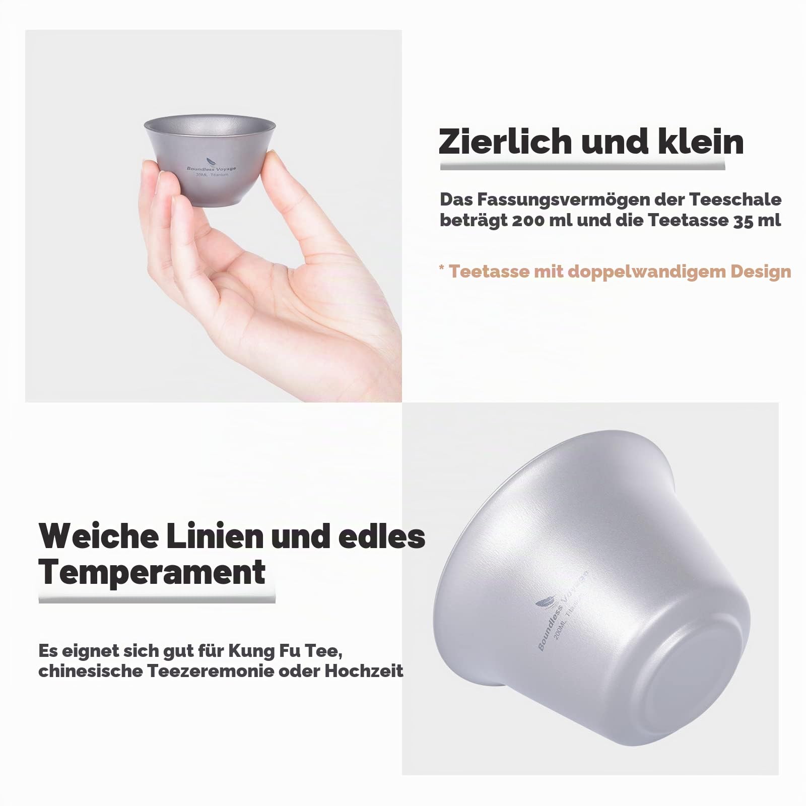 iBasingo 200ml Titan Gaiwan 3 35ml Kung Fu Teetasse & Untertasse mit Deckel Tragbares Reise Teeservice Chinesische Teeset Leichtes Outdoor Camping Doppelwandige Langlebige Teetassen Ti3124D