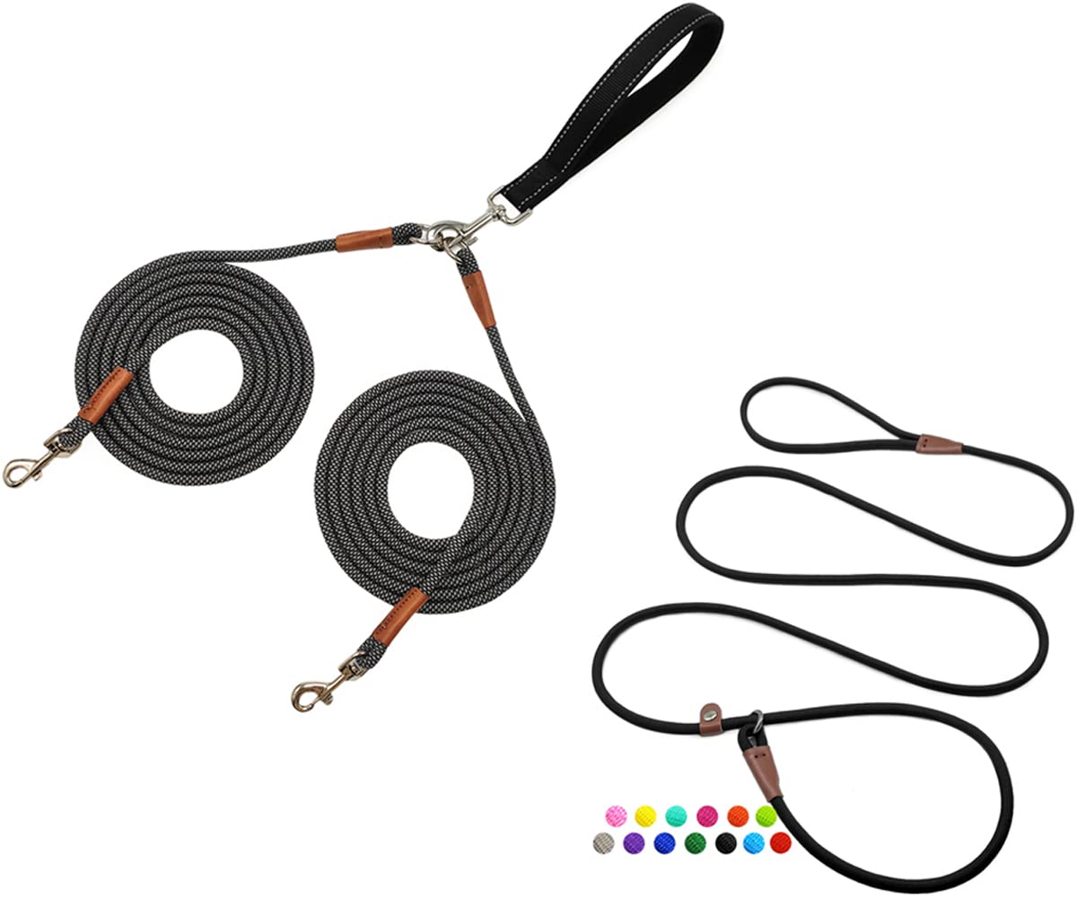 MayPaw7FT Slip Lead Dog Leash + 8FT Double Dog Leash with Comfortable Handle